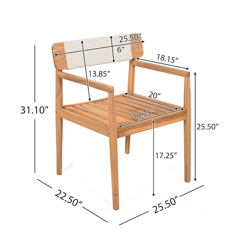 Braided Acacia Wood Dining Set (2-Piece) – Teak-Finished Table & Armchair Pair with White Rope Accents for Patio/Garden‌.