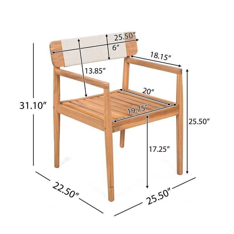 Creative braided acacia wood outdoor dining table and chairs with armrests, suitable teak look & white rope,set of 2