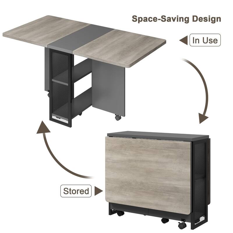 Space Saving Folding Dining Table with 2 Tier Storage