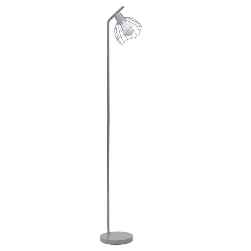 Metal Industrial Cage Floor Lamp with Curved Arm and Rotary Switch - 9.57 x 7.87 x 54.50 in. (L x W x H) - Grey