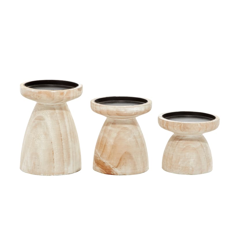 Brown Wood Pillar Candle Holder with White Wash Finish (Set of 3)