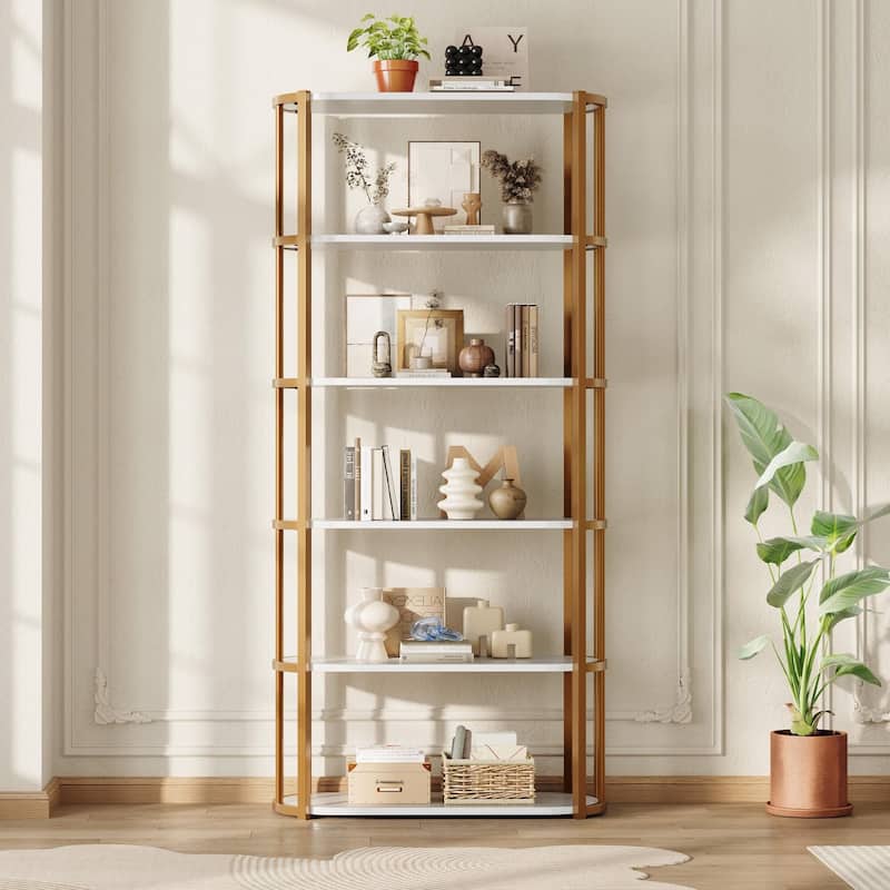 71 Inch Industrial Wooden Bookshelf - 6 Tier Tall Bookcase, Metal Frame Large Storage Shelf
