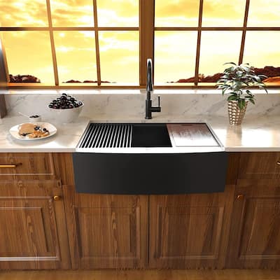 Gunmetal Black Stainless Steel Single Bowl Farmhouse Kitchen Sink with Workstation - 30" X 22"