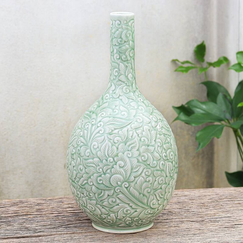 Novica Handmade Fresh Flowers Celadon Ceramic Vase