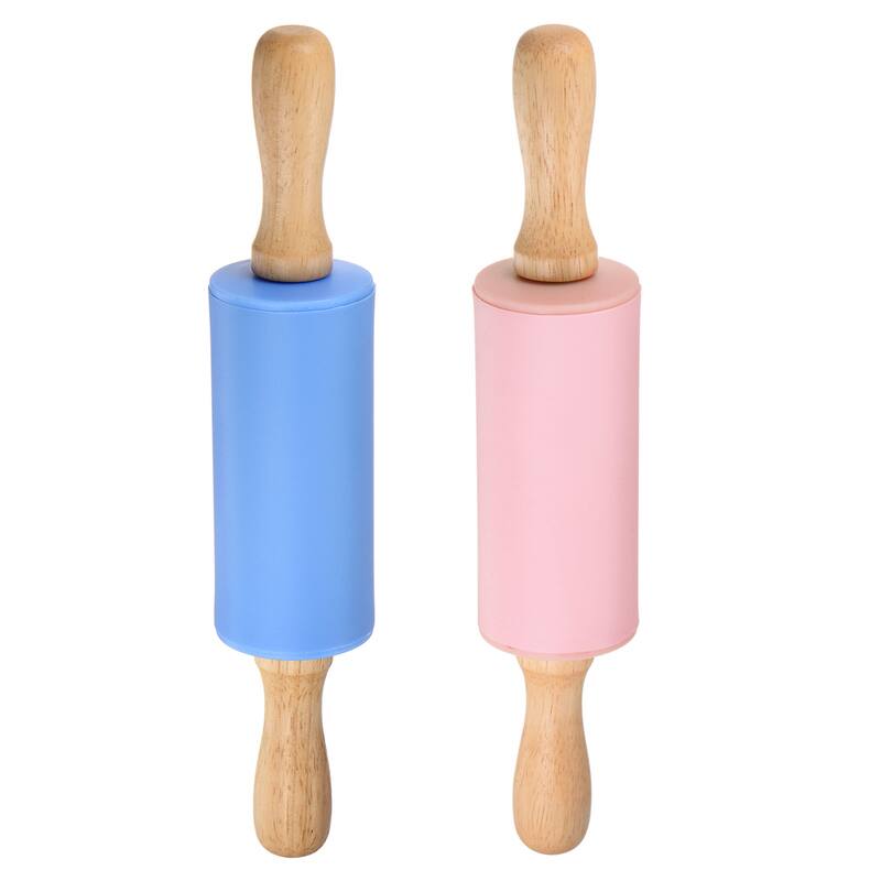 Silicone Rolling Pins for Baking Wood Handle 23.5cm x 4.2cm Blue & Pink - Blue & Pink