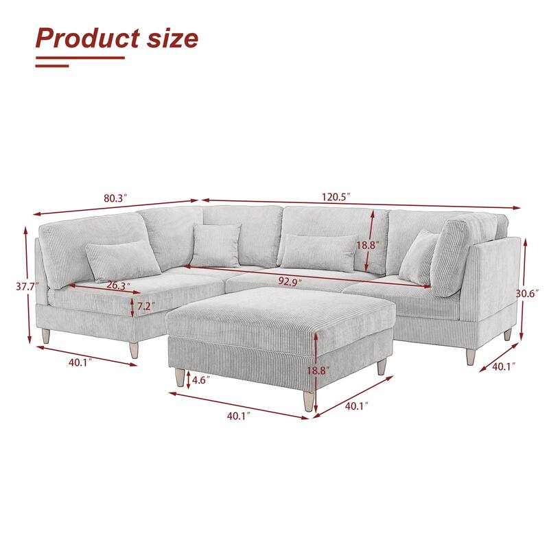 Corduroy Convertible Couch Modular Sectional Sofa with Ottoman