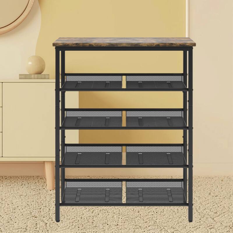 Versatile 5-Layer Shoe Organizer Rack with Wooden Top and Mesh Shelves, Ideal Storage Solution for Entryway and Mudroom - Black
