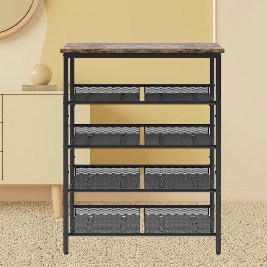 Versatile 5-Layer Shoe Organizer Rack with Wooden Top and Mesh Shelves, Ideal Storage Solution for Entryway and Mudroom