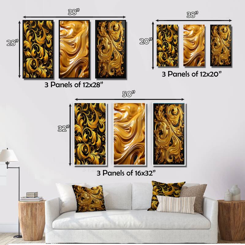 Designart "Golden Ornament Pattern On Black V" Abstract Spirals Gold - Gallery Wall Set Of 3 For Home Decor