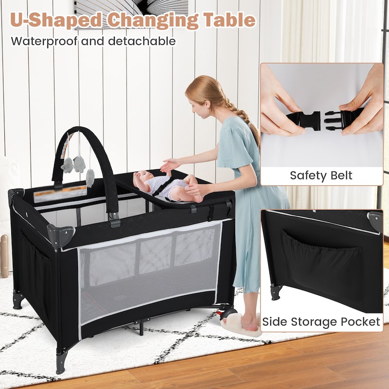 3-in-1 Kids Pack and Play with Changing Table Bassinet, Playpen and Toy Bar - 40.5" x 28" x 28"