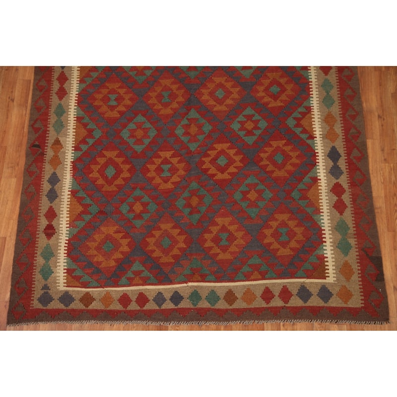 Geometric Kilim Rug Hand-woven Reversible Wool Carpet - 6'5"x 9'10"