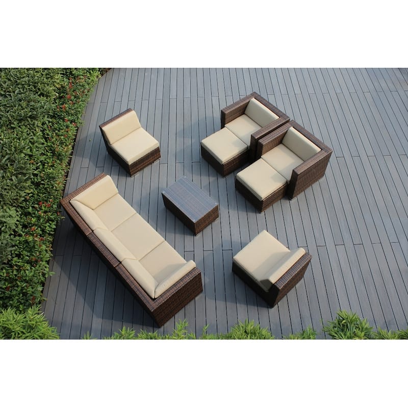 Ohana Outdoor Patio 10 Pc Mixed Brown Wicker Seating Set with Cushions - No Assembly