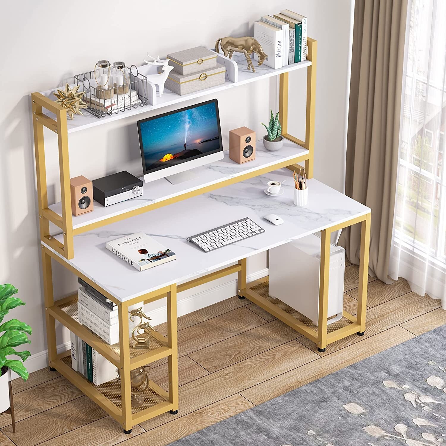 Computer Desk with Hutch and Monitor Stand Riser Rustic
