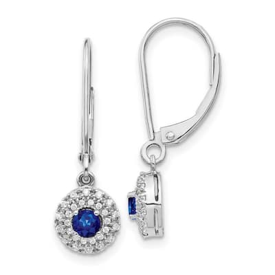 Curata 14k White Gold Diamond Halo Sapphire Leverback Long Drop Dangle Earrings - 27x8mm Wide