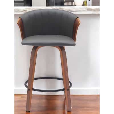 26" Gray and Wood Brown Faux Leather with Solid Wood Swivel Counter Height Bar Chair