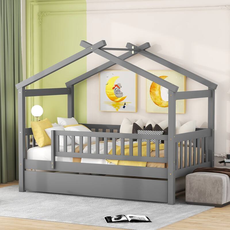 Montessori Bed House Bed with Trundle Bed and Headboard, Wood Daybed Platform Bed Frame No Box Spring Needed for Boys Girls
