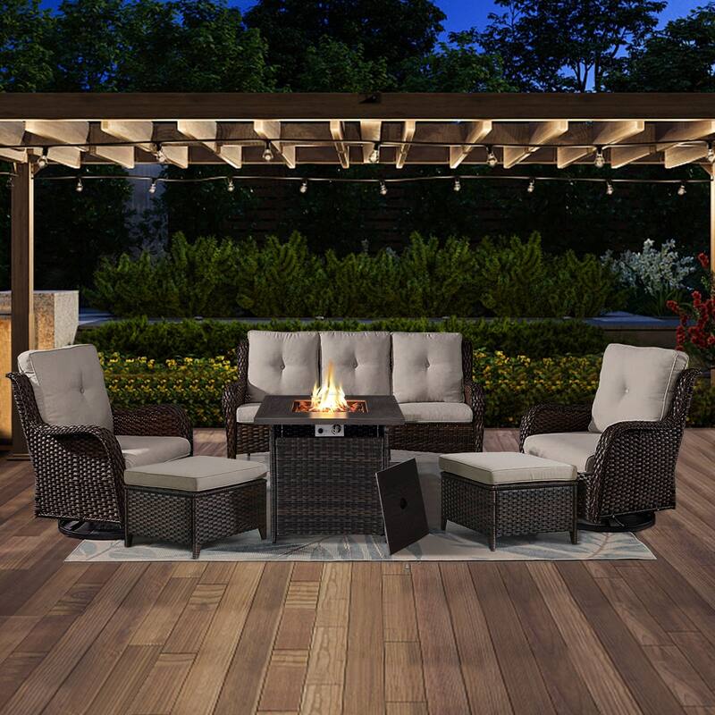 Gymojoy 6-Piece Outdoor Wicker Patio Furniture with Fire Pit Table, Rattan Coversation Set with Water Resistant Thick Cushions