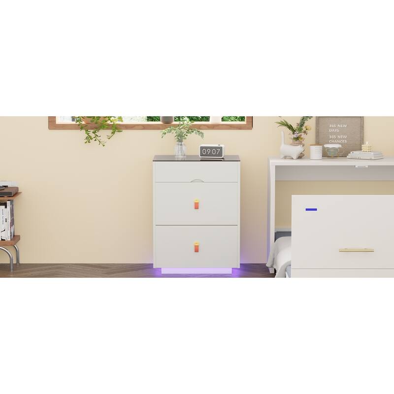 Nightstand with LED Lights & 3 Drawers, Side Table with Glass Top Jewelry Storage Compartments, Small Wood Accent Table