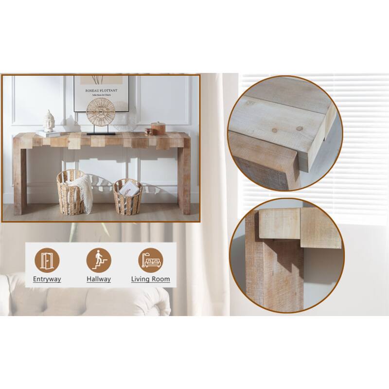 Roomfitters 71 Inch Rustic Wood Console Table with Sculpted Block Design, Natural Finish