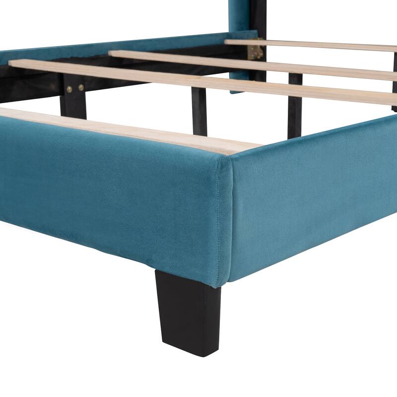 Queen Size Velvet Upholstered Platform Bed, Box Spring Needed Bed