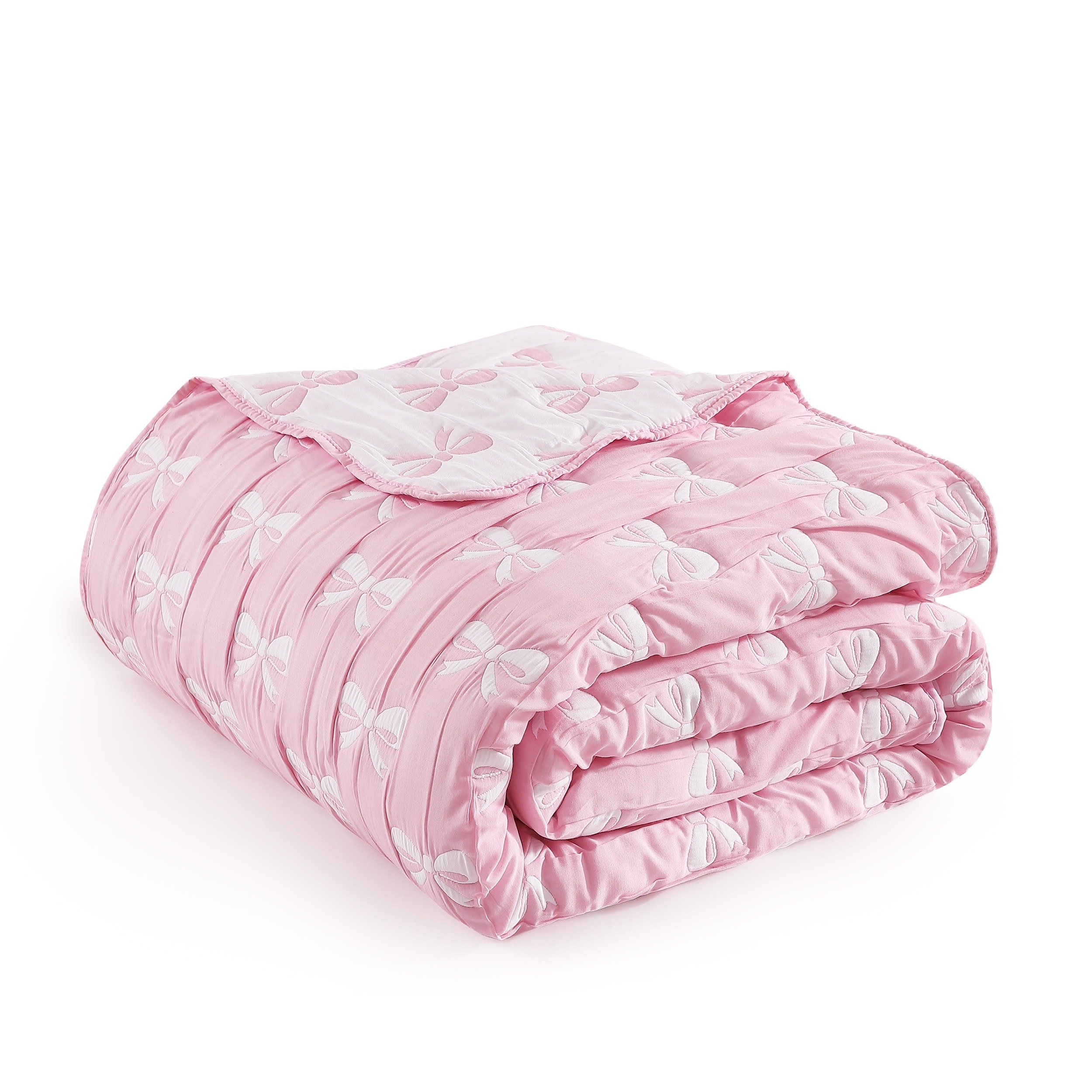Ballet Bows Pink All-Season Soft Woven Matelasse Jacquard Reversible Cotton Blend Quilt Set