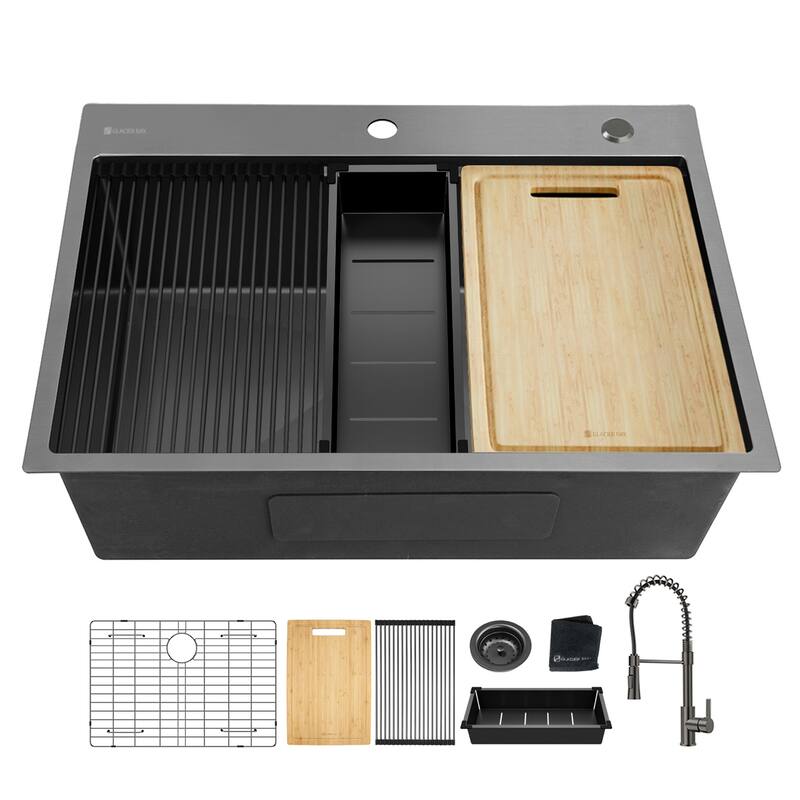 Workstation 18Gauge 304 Stainless Steel Kitchen Sink with Black Spraing Neck Faucet