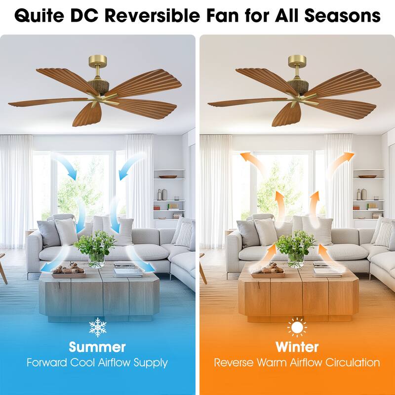 56" Brown Tropical Pleated Leaf 5-Blade Indoor Outdoor Ceiling Fan with Remote, No Light