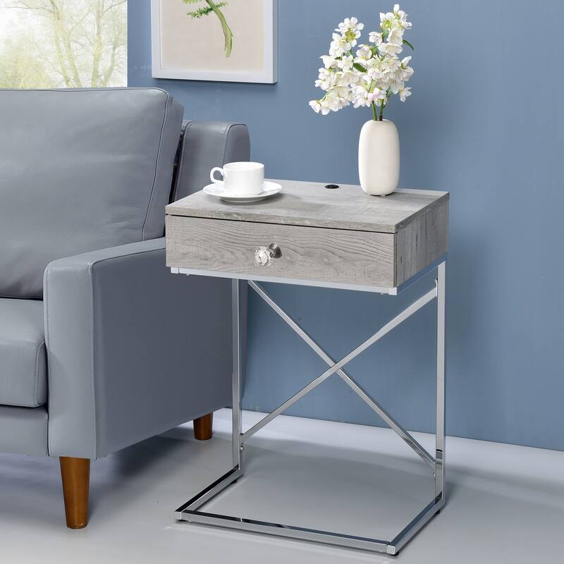 Geneva Modern 18-inch Steel 1-Drawer Side Table with USB Port by Furniture of America - Distressed Grey