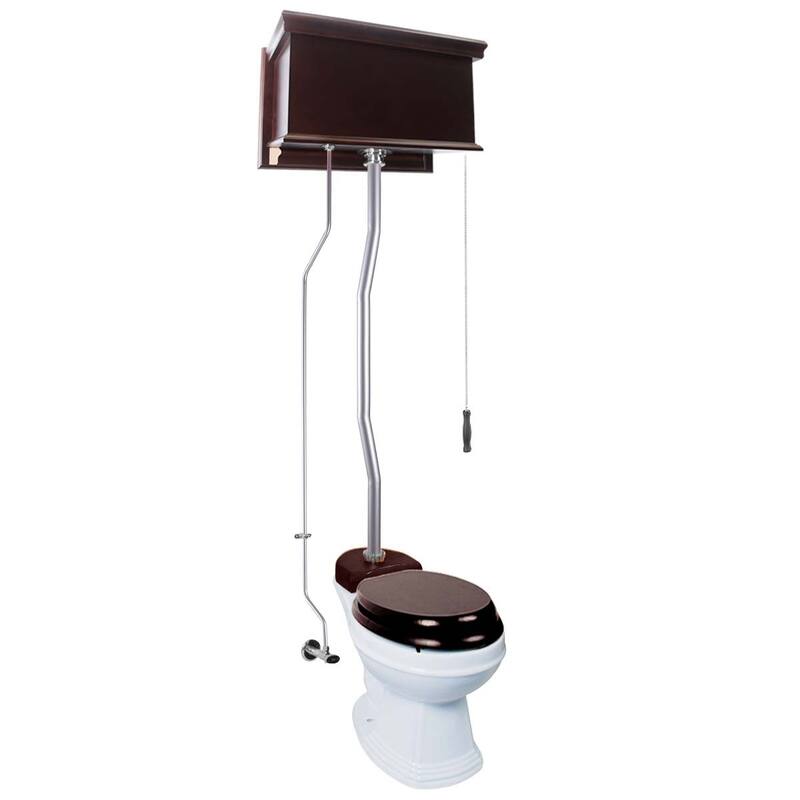 High Tank Toilet - Dark Oak Wooden Flat Tank, Elongated White Bowl and Satin Z Pipes Renovators Supply