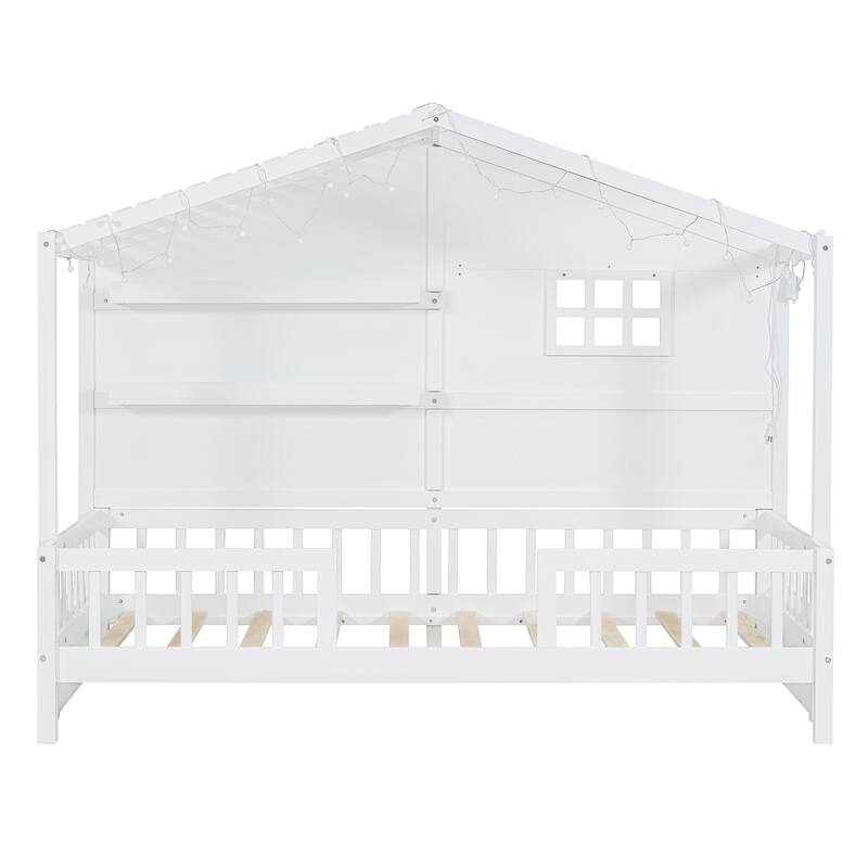 Twin Size House Bed with Shelves, Window and Light Strip