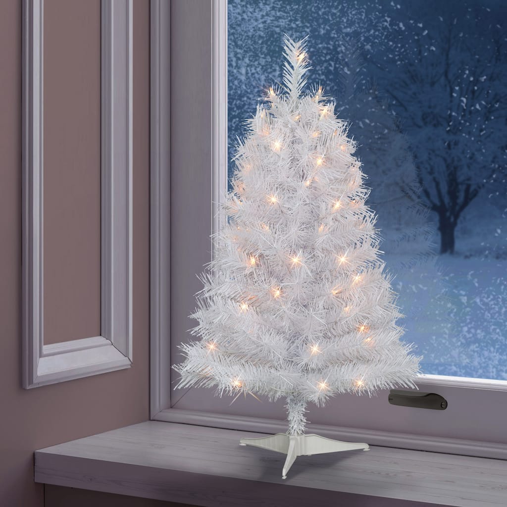 Puleo International 3 ft. Pre-Lit White Snow Ridge Artificial Fir Tree