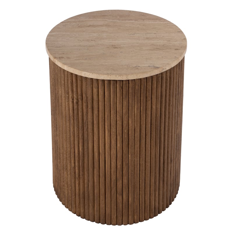 Ruby 15 in. W Round Fluted Travertine and Wood Side Table