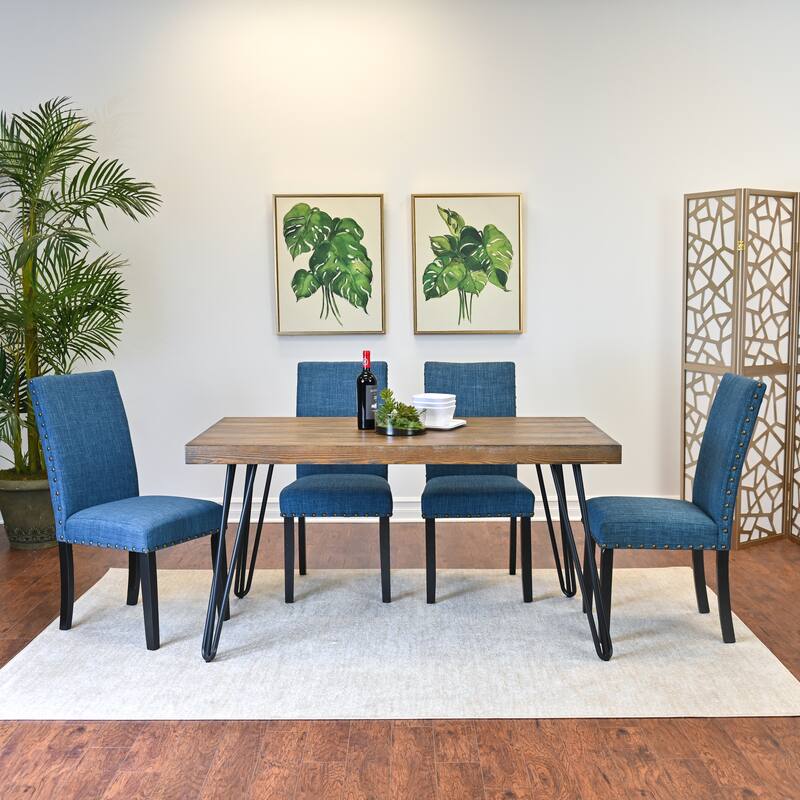 Industrial Style 6-Piece Dining Set with Rectangular Table, 4 Linen Upholstered Chairs and Bench