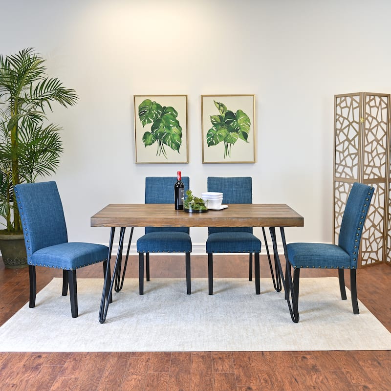 Roundhill Furniture Amisos 5-Piece Dining Set, Hairpin Dining Table with 4 Chairs - Blue