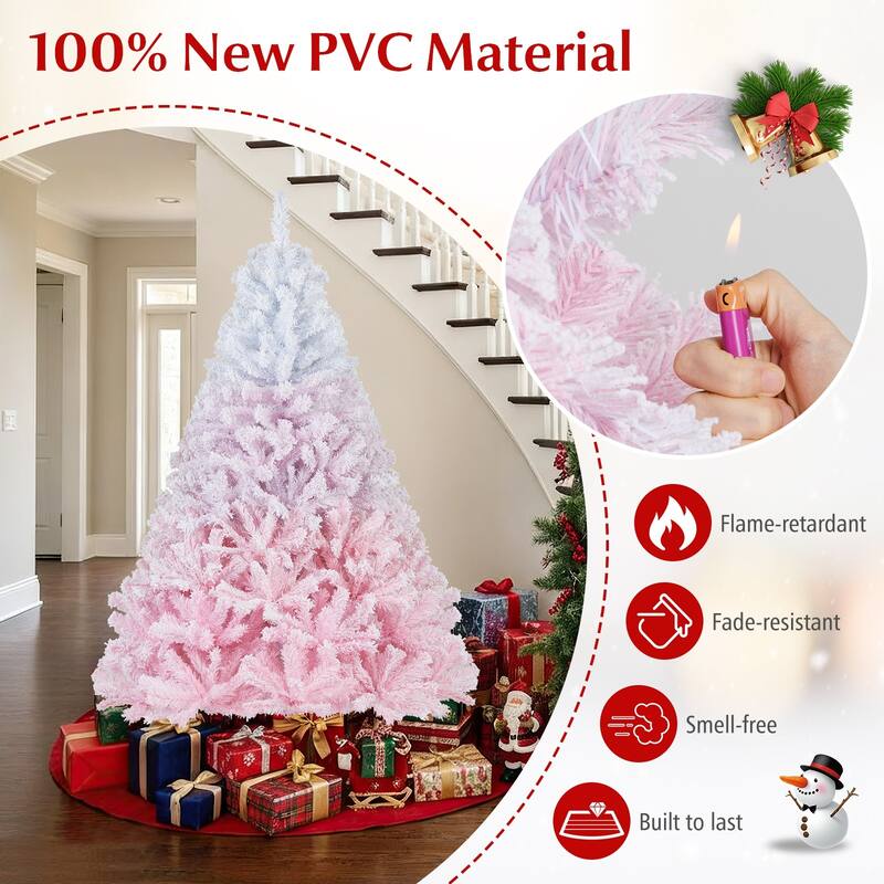 Gymax Artificial Christmas Tree Hinged Snow Flocked Xmas Tree w/ Lush - Pink, White