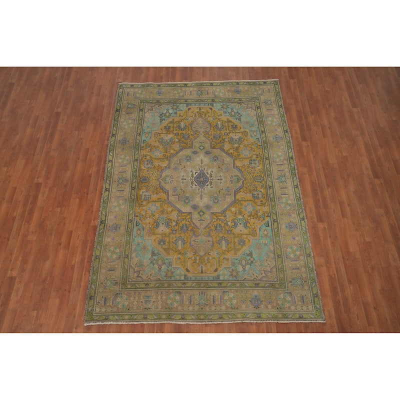 Hand Knotted Oriental 100% Wool Carpet Traditional Floral Yellow & Gold Tabriz Area Rug - 9' 6'' X 6' 7''
