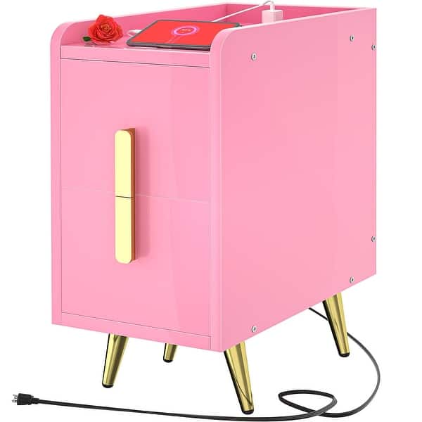 Narrow Nightstand with Charging Station, Slim Night Stand with Smooth