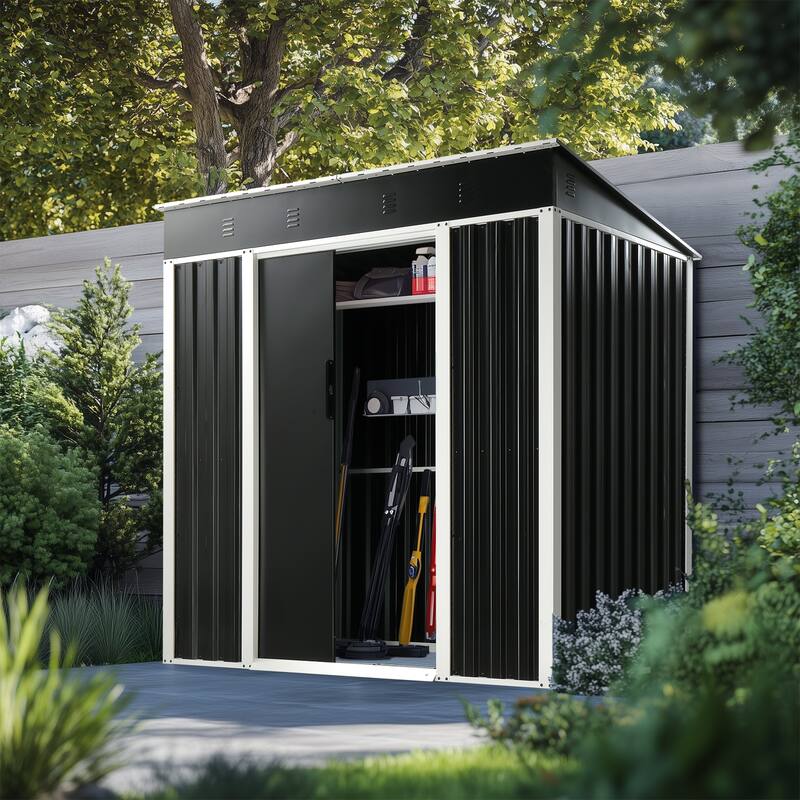 6 x 4 Ft Outdoor Storage Shed Black Galvanized Iron Garden Tool Organizer with Locking Sliding Doors - 75.6" x 49" x 73.2"
