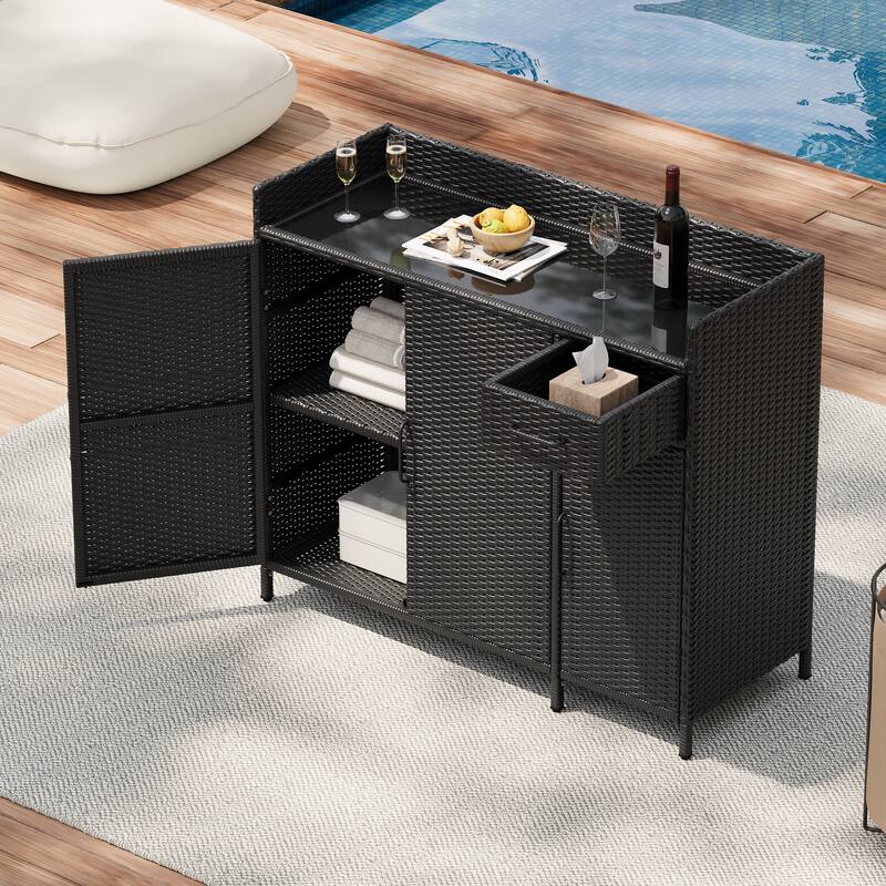 47.5"W Wicker Outdoor Storage Cabinet with Glass Desktop, Weather-proof Rattan Bar Table with Three Doors, Adjustable Shelf - Black Brown
