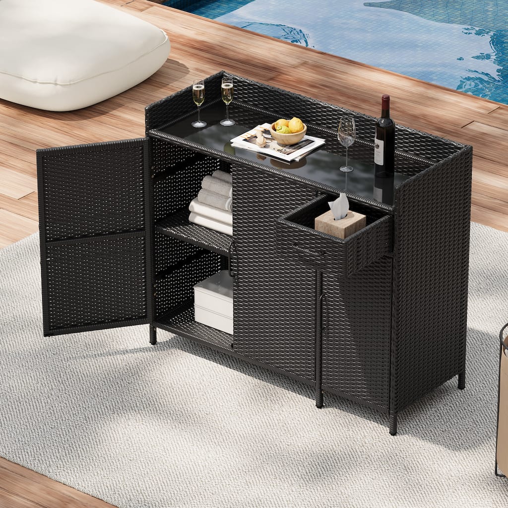 47.5"W Wicker Outdoor Storage Cabinet with Glass Desktop, Weather-proof Rattan Bar Table with Three Doors, Adjustable Shelf