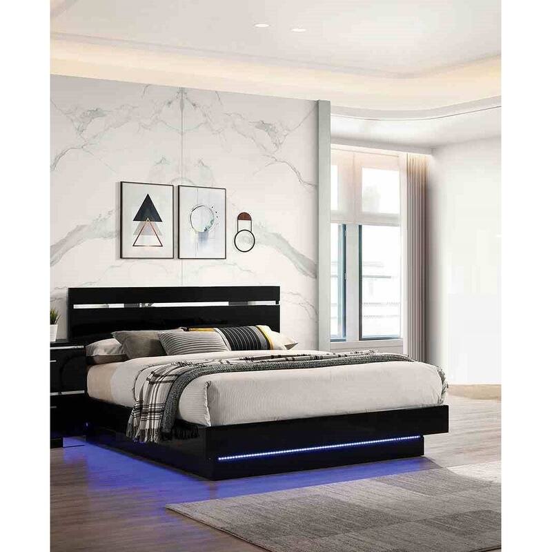 Modern Designer 1pc LED Low Profile Platform Bed Black Finish