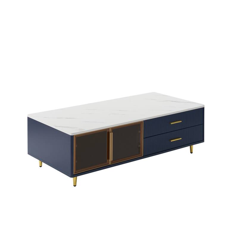 47.2" Modern Coffee Table with 2 Glass Door, 4 Drawers and Multi-Color Lighting