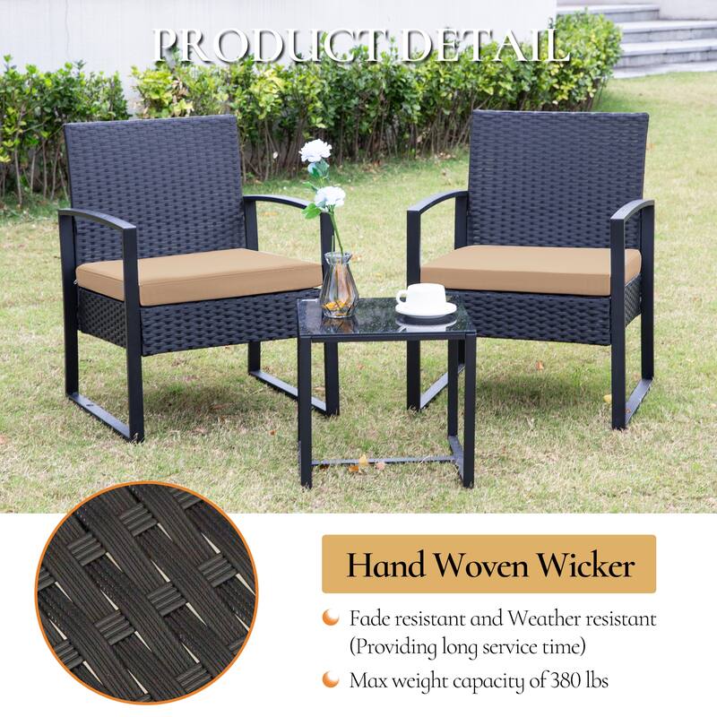 3-Pieces Wicker Patio Conversation Set Outdoor Chairs with Cushions