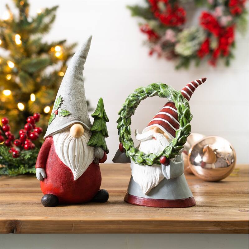 Set of 2 Gnomes Holding Christmas Tree and Wreath Figurines 10.75"