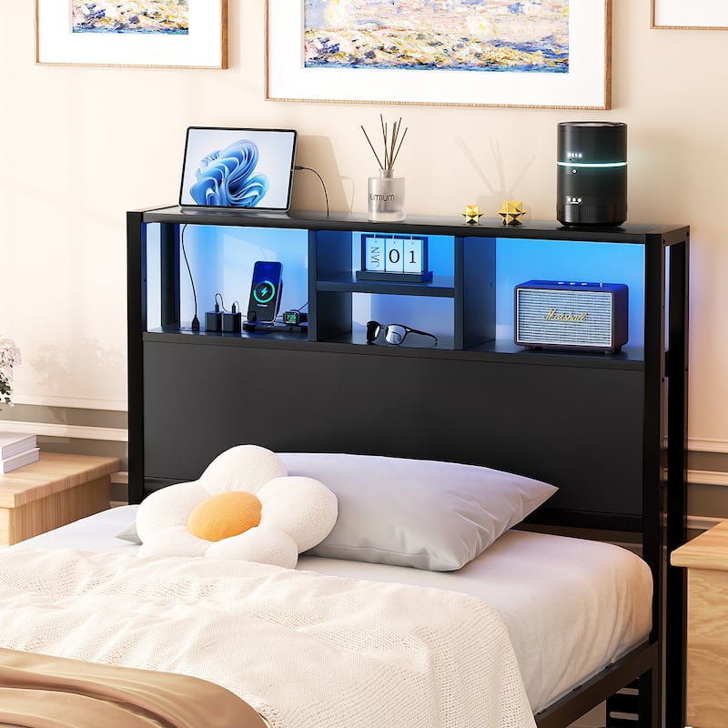 Headboard with Storage and Charge Station, Platform Bed Heaboard with LED Lights