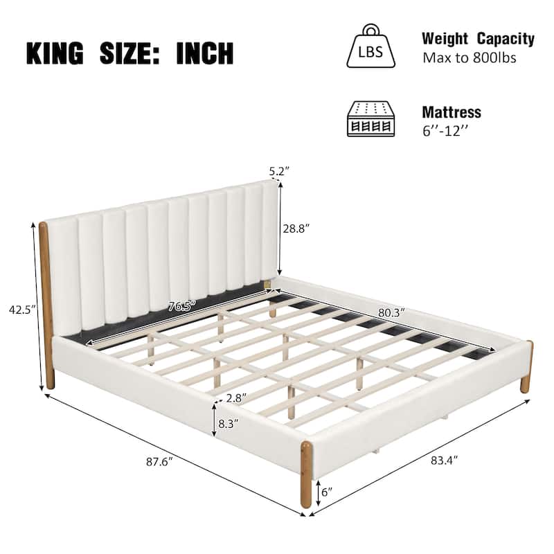 Concise Stylish Boucle Upholstered Bed with Stripe Headboard