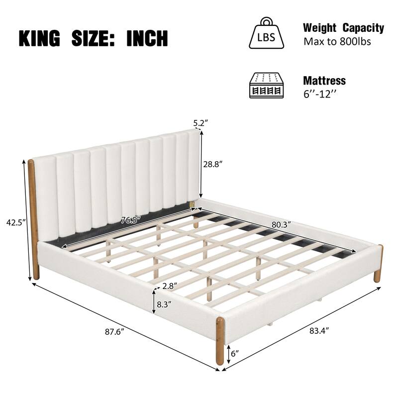 White Upholstered Fabric Bed Frame Platform Bed with Vertical Channel Tufted Headboard, Rubberwood Legs, No Box Spring Needed