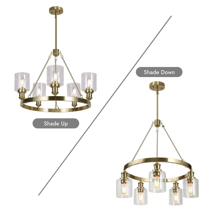 Oriva Modern 5-Light Gold Wagon Wheel Chandelier with Clear Glass Shades - Brushed Electroplated Copper - Dia.25"xH26.5"