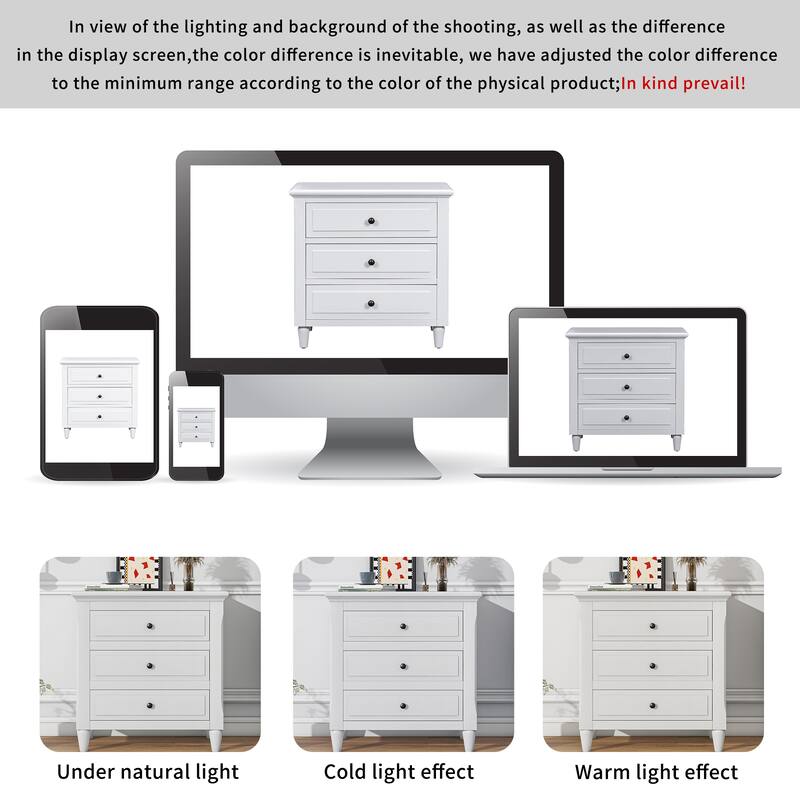 U_STYLE 28'' Painted 3-Drawer Nightstand - Smooth Rails + Rubber Legs, Minimalist Bedside/Sofa Side Table