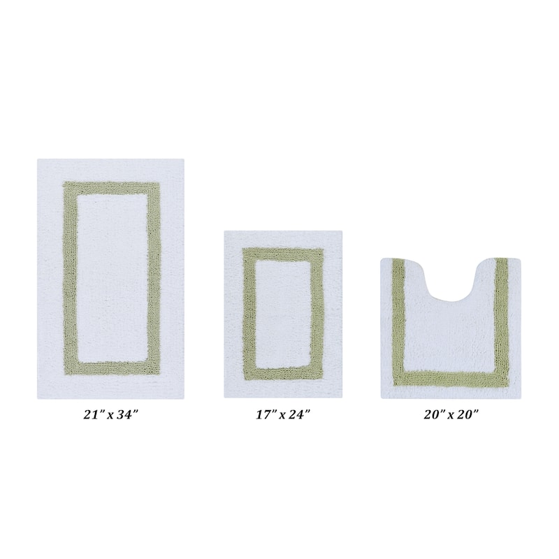Better Trends Hotel Collection in Race Track 100% Cotton Super Absorbent Reversible Double Sided Machine Washable Bath Mat Rug - 3 Piece Set (17" x 24" | 20" x 20" | 21" x 34") - White & Sage